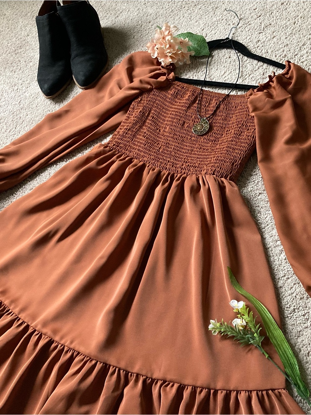 SHEIN Rust Smocked Tiered Long Sleeve Midi Dress